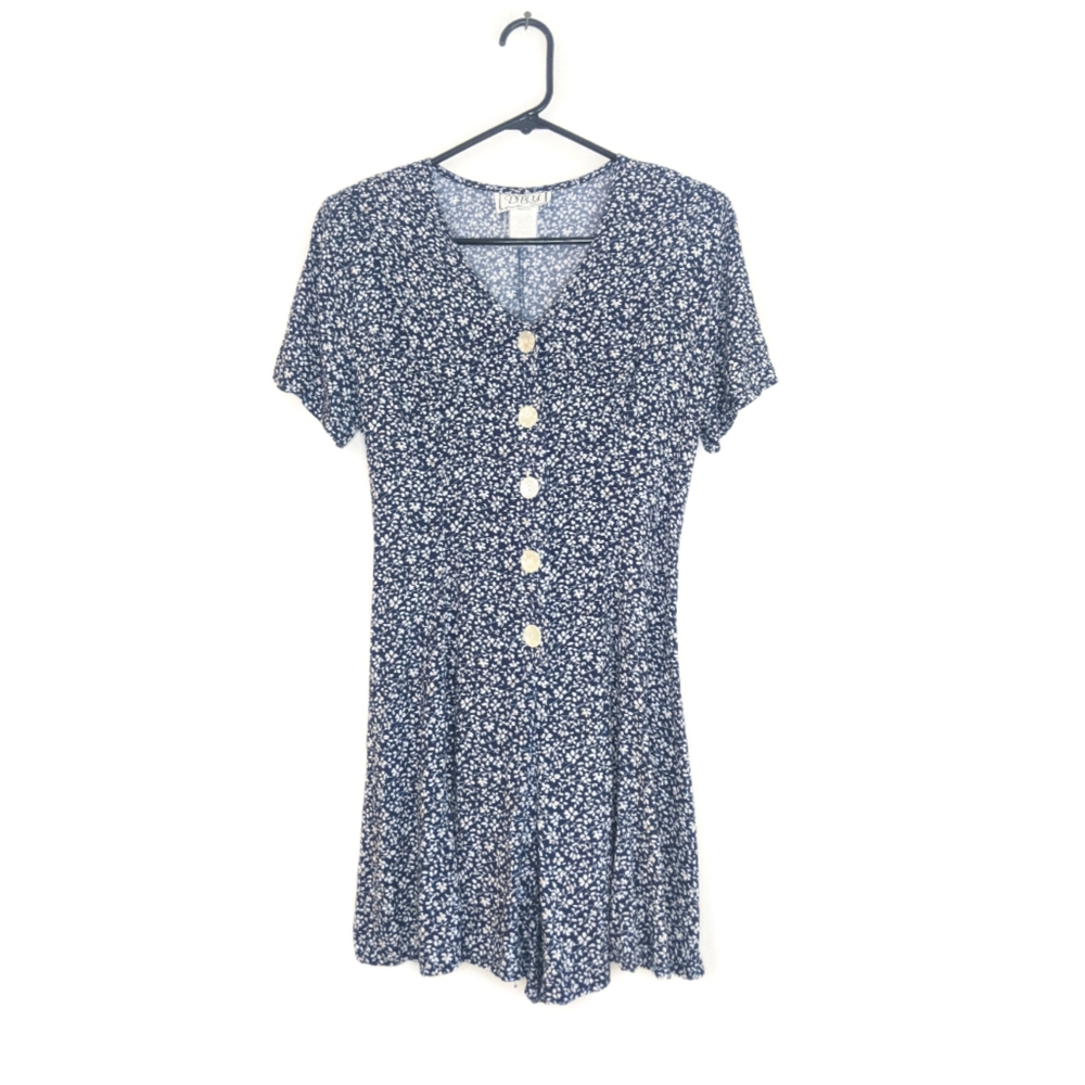 Vintage 80s/90s Navy Blue and White Ditsy Floral Print Chelsea Collar Romper